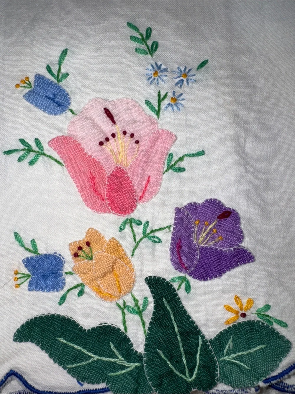 100% Cotton Embroidered Floral scalloped Tea Towel - Pink, Purple, Yellow, Green